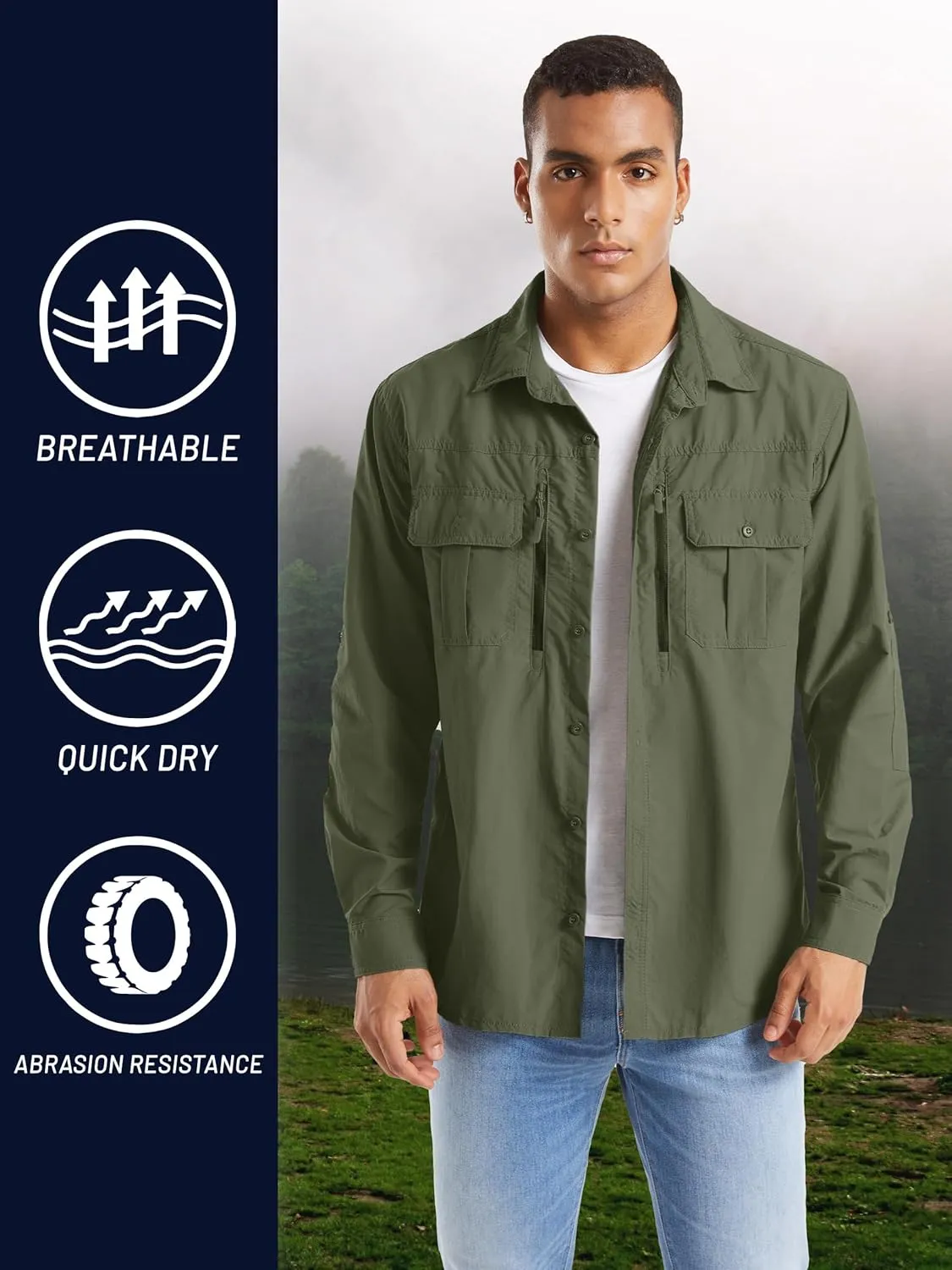 TACVASEN Fishing Shirt for Men, Long Sleeve Shirt Quick Dry Fit, Tactical Shirt Button Up, Work Shirt Lightweight Safari