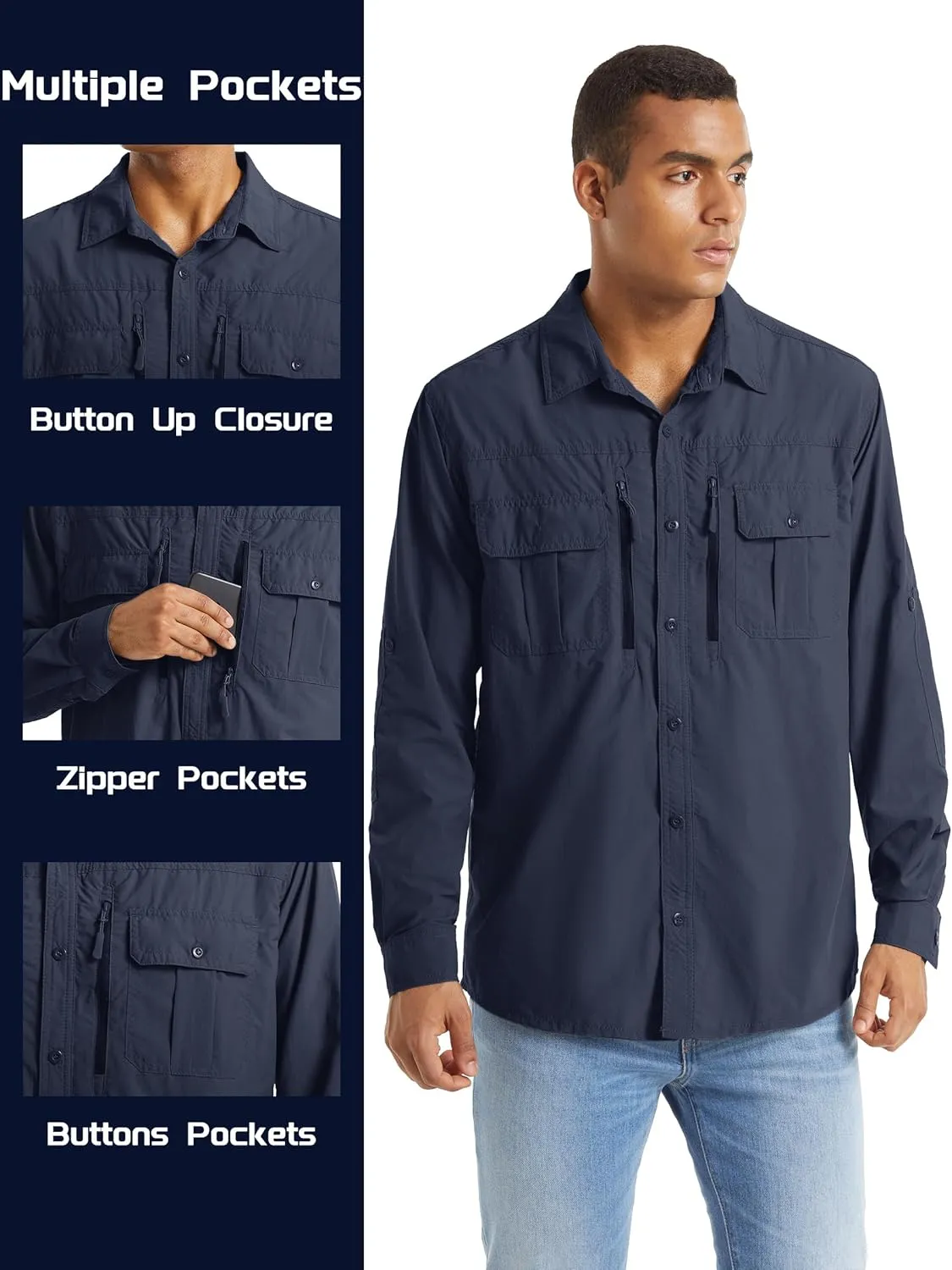 TACVASEN Fishing Shirt for Men, Long Sleeve Shirt Quick Dry Fit, Tactical Shirt Button Up, Work Shirt Lightweight Safari