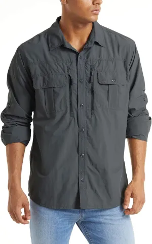 TACVASEN Fishing Shirt for Men, Long Sleeve Shirt Quick Dry Fit, Tactical Shirt Button Up, Work Shirt Lightweight Safari