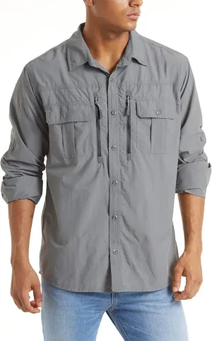 TACVASEN Fishing Shirt for Men, Long Sleeve Shirt Quick Dry Fit, Tactical Shirt Button Up, Work Shirt Lightweight Safari