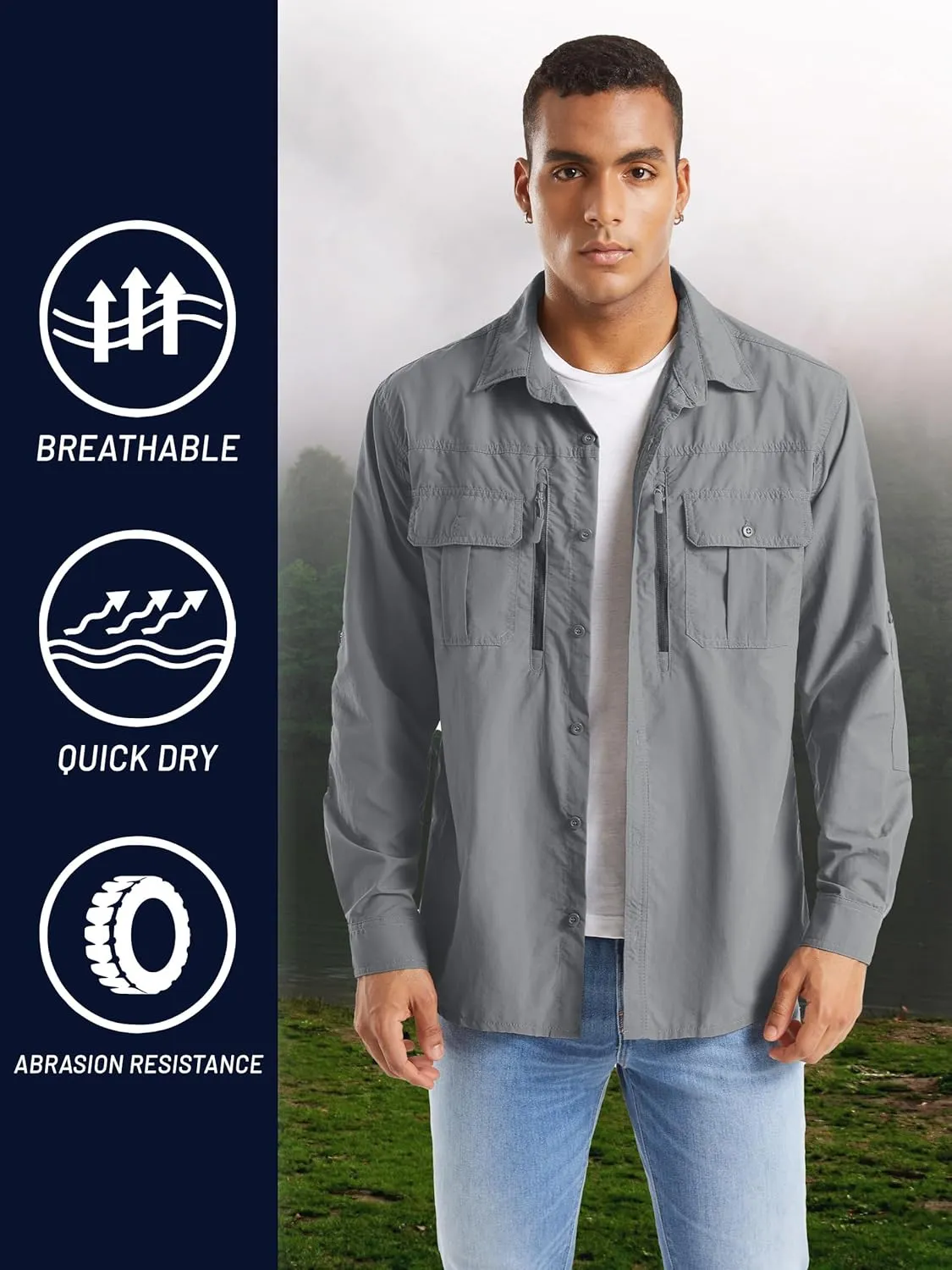 TACVASEN Fishing Shirt for Men, Long Sleeve Shirt Quick Dry Fit, Tactical Shirt Button Up, Work Shirt Lightweight Safari