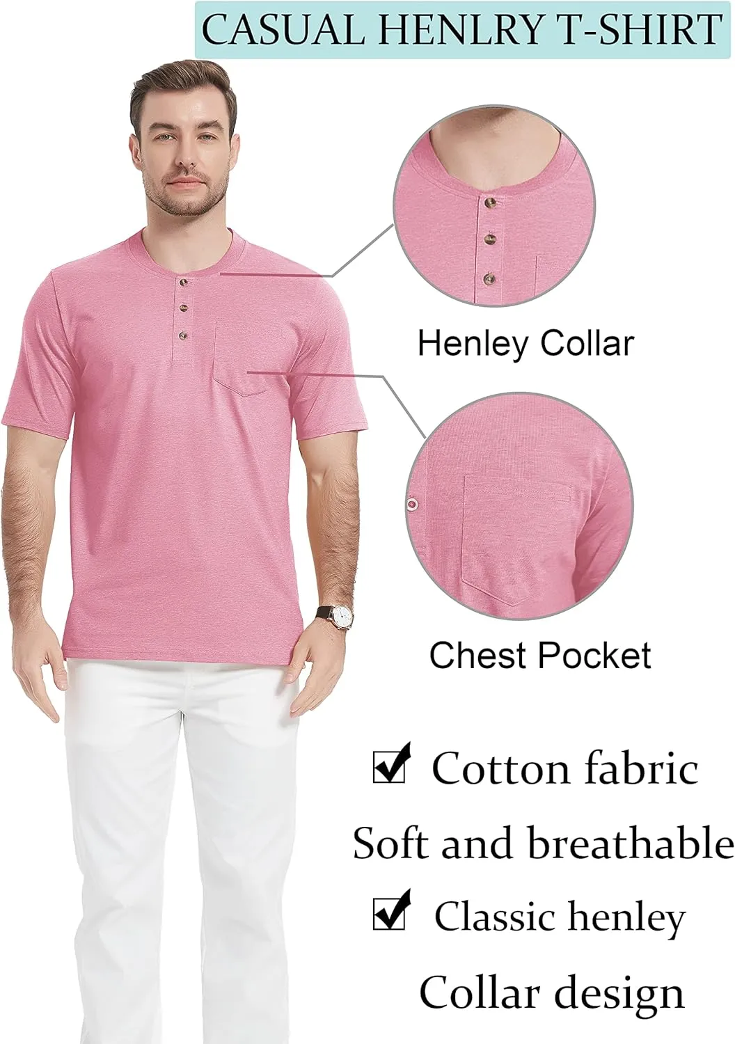 TACVASEN Men's Henley Shirt Cotton Short Sleeve 3 Buttons Chest Pocket Casual T Shirt Lightweight Shirt Solid Color