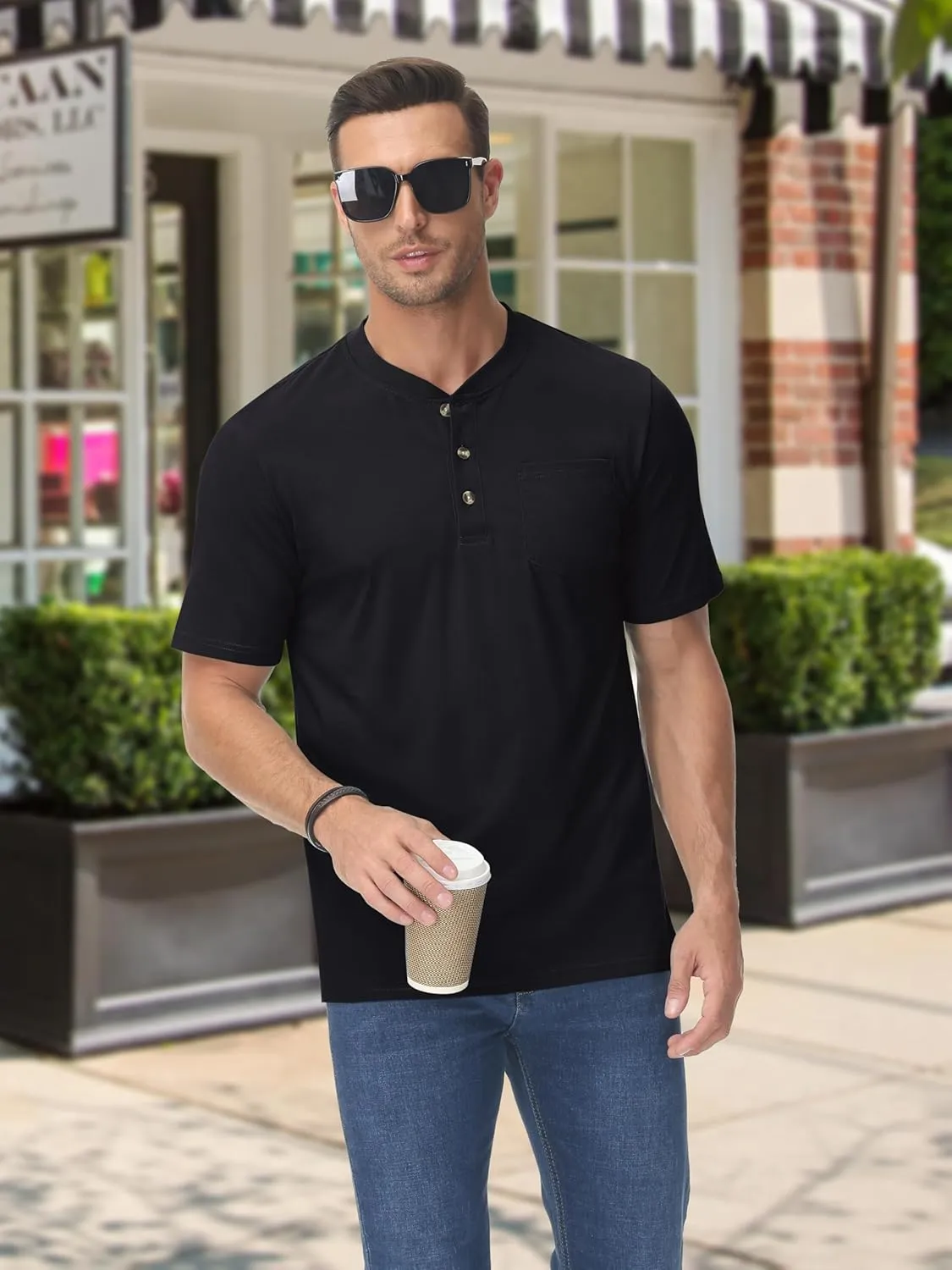 TACVASEN Men's Henley Shirt Cotton Short Sleeve 3 Buttons Chest Pocket Casual T Shirt Lightweight Shirt Solid Color