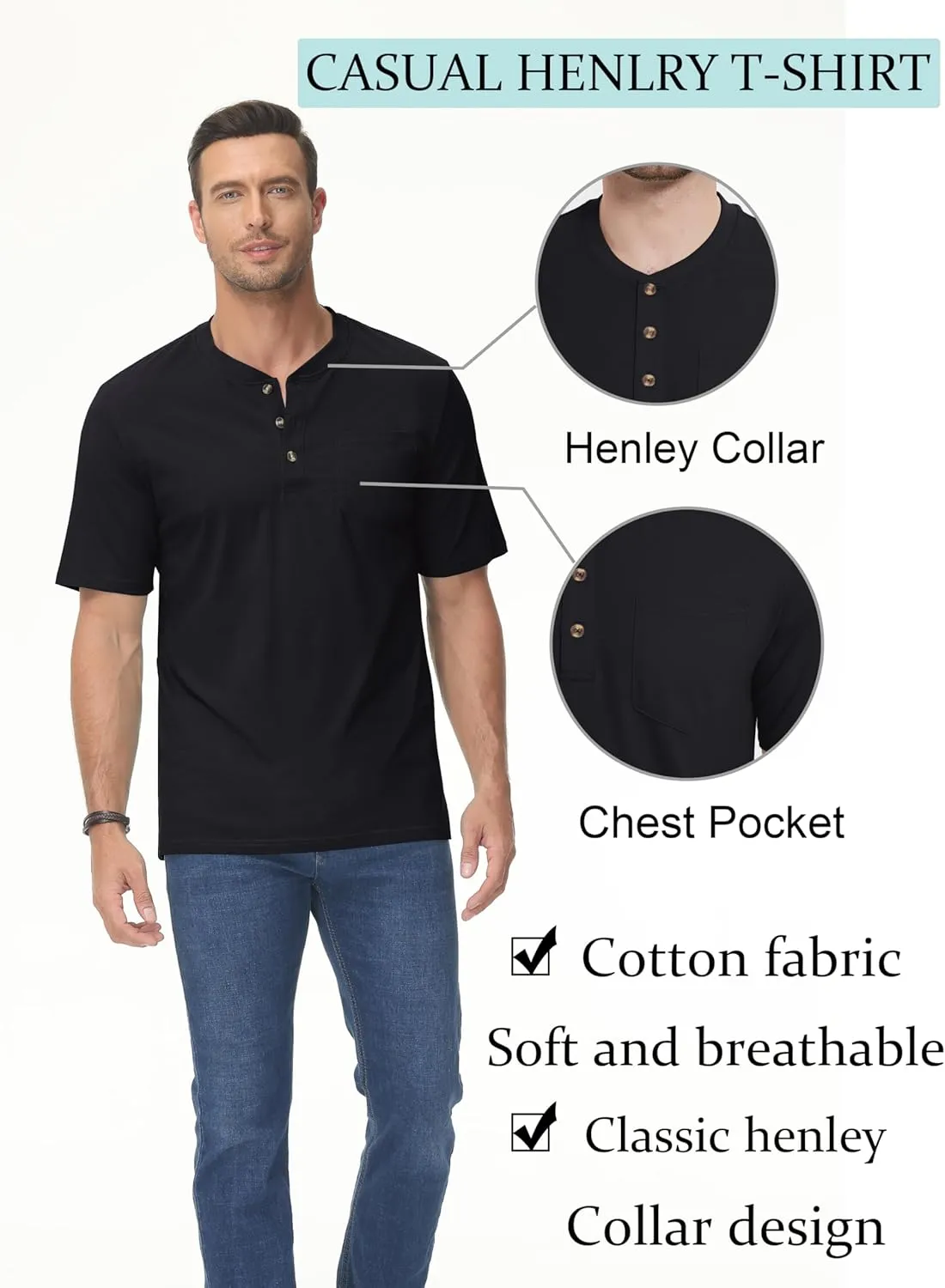 TACVASEN Men's Henley Shirt Cotton Short Sleeve 3 Buttons Chest Pocket Casual T Shirt Lightweight Shirt Solid Color