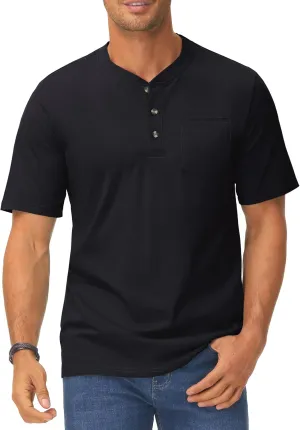TACVASEN Men's Henley Shirt Cotton Short Sleeve 3 Buttons Chest Pocket Casual T Shirt Lightweight Shirt Solid Color