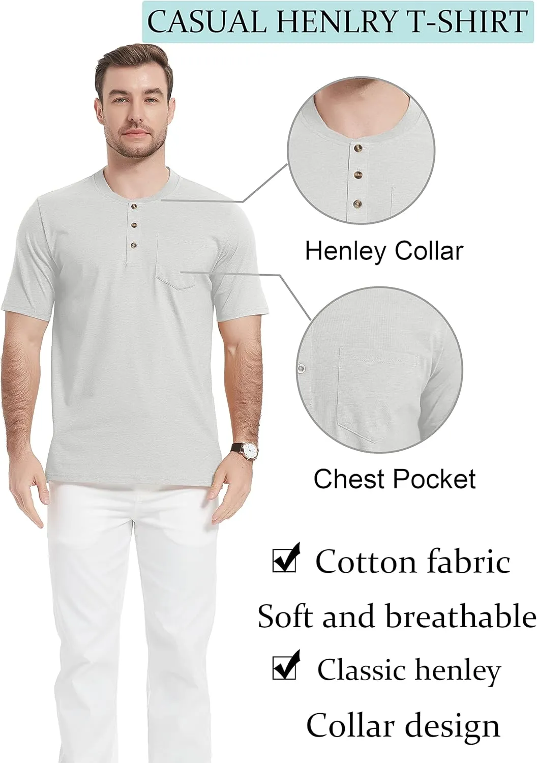 TACVASEN Men's Henley Shirt Cotton Short Sleeve 3 Buttons Chest Pocket Casual T Shirt Lightweight Shirt Solid Color