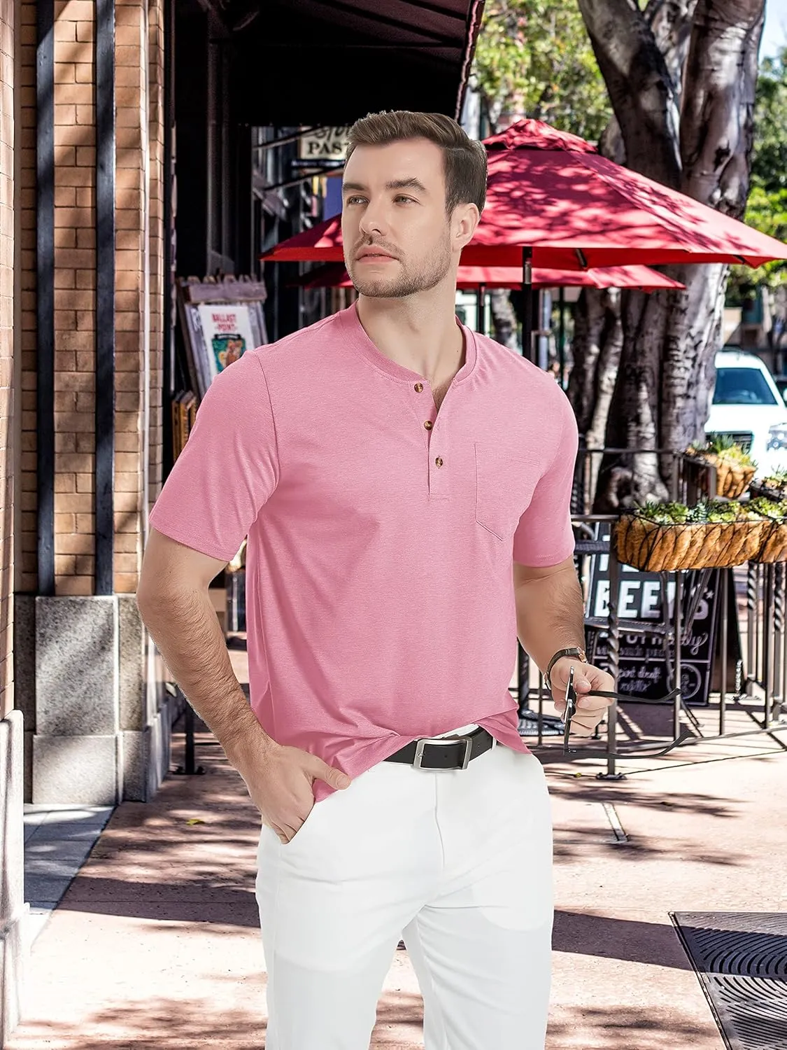 TACVASEN Men's Henley Shirt Cotton Short Sleeve 3 Buttons Chest Pocket Casual T Shirt Lightweight Shirt Solid Color