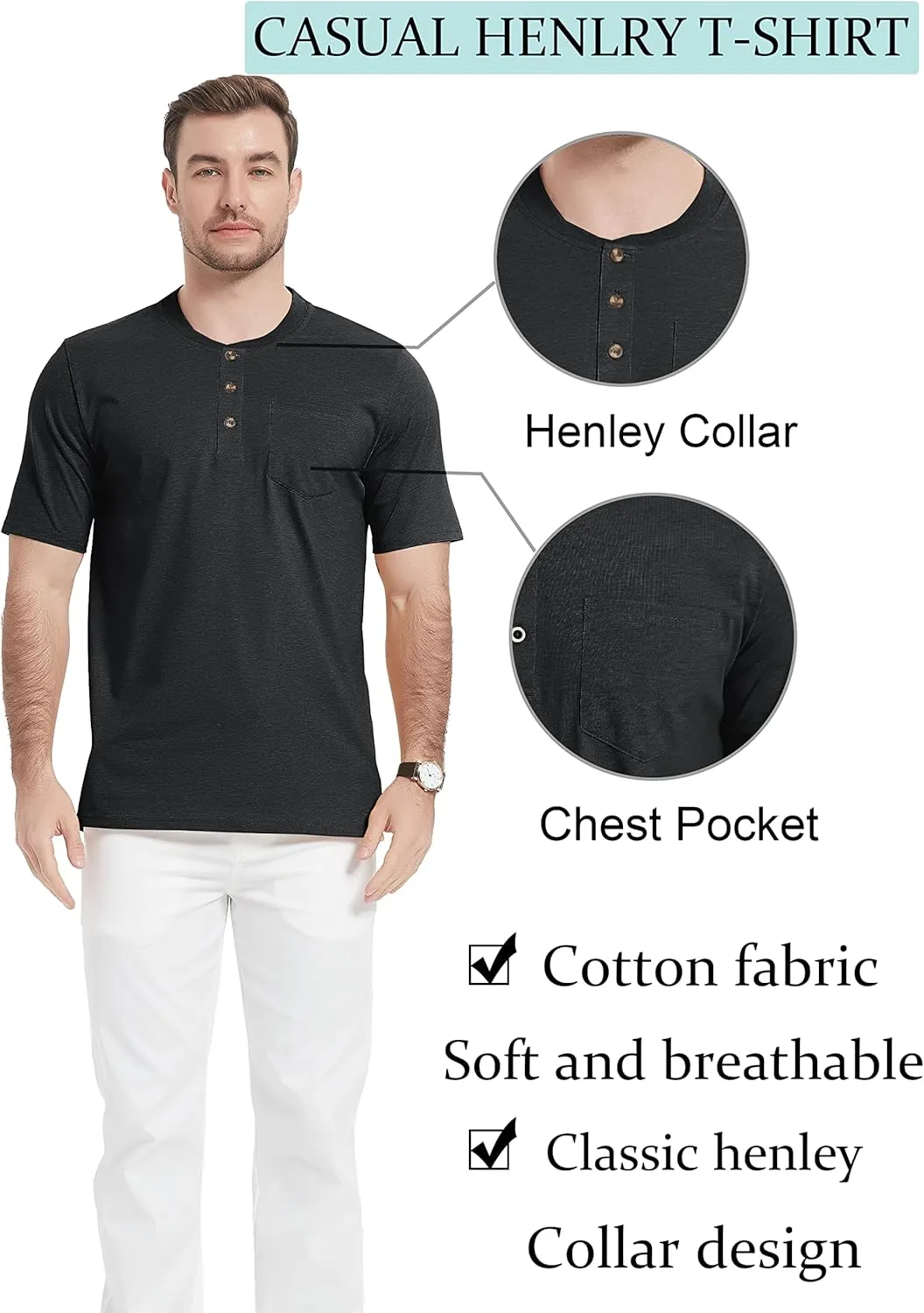 TACVASEN Men's Henley Shirt Cotton Short Sleeve 3 Buttons Chest Pocket Casual T Shirt Lightweight Shirt Solid Color