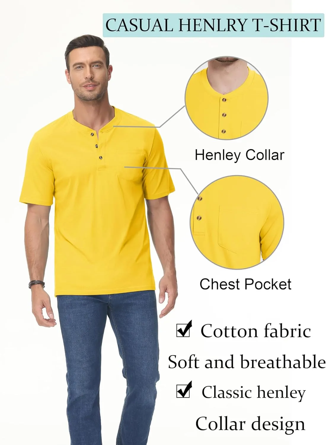 TACVASEN Men's Henley Shirt Cotton Short Sleeve 3 Buttons Chest Pocket Casual T Shirt Lightweight Shirt Solid Color