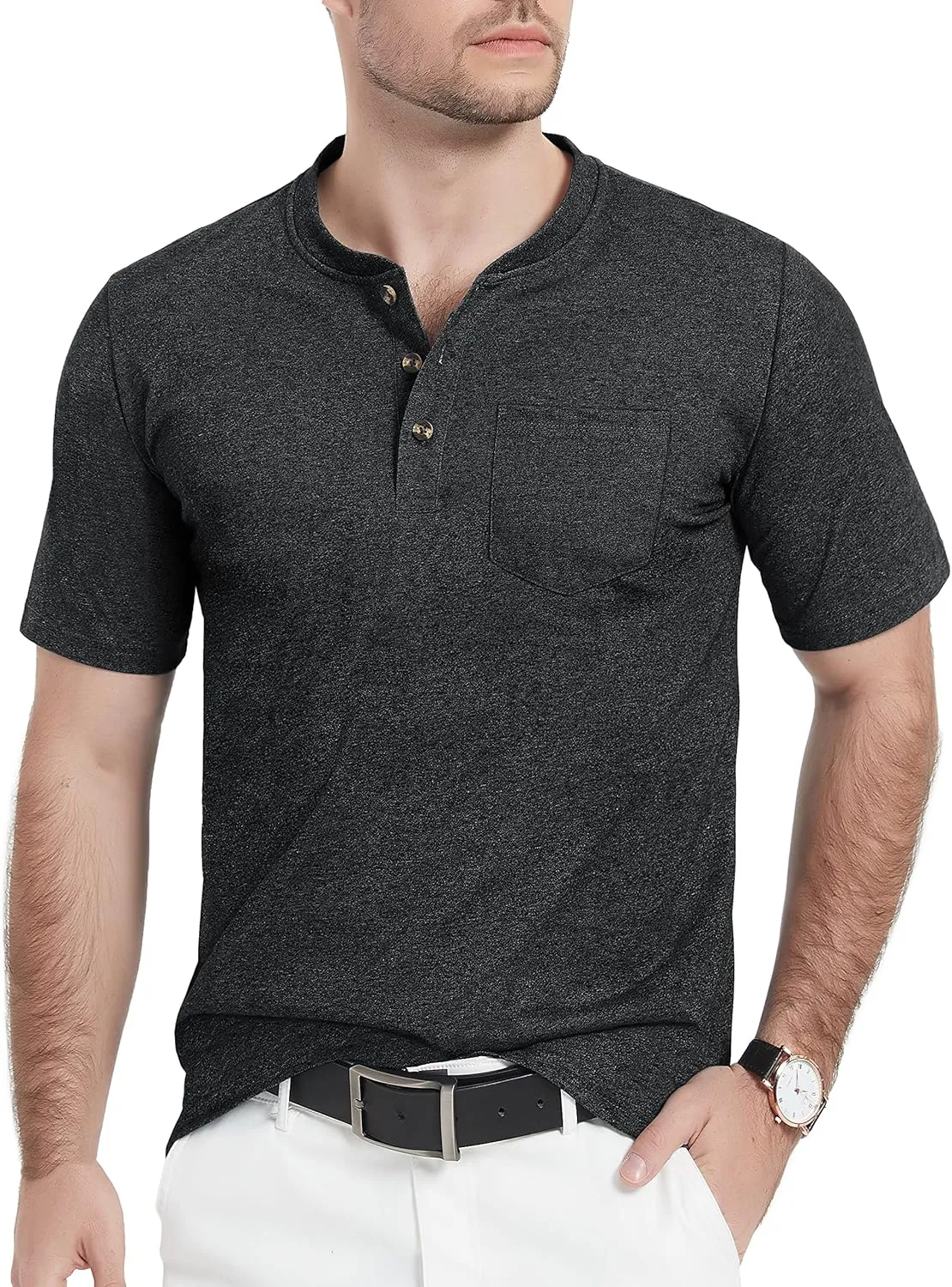TACVASEN Men's Henley Shirt Cotton Short Sleeve 3 Buttons Chest Pocket Casual T Shirt Lightweight Shirt Solid Color