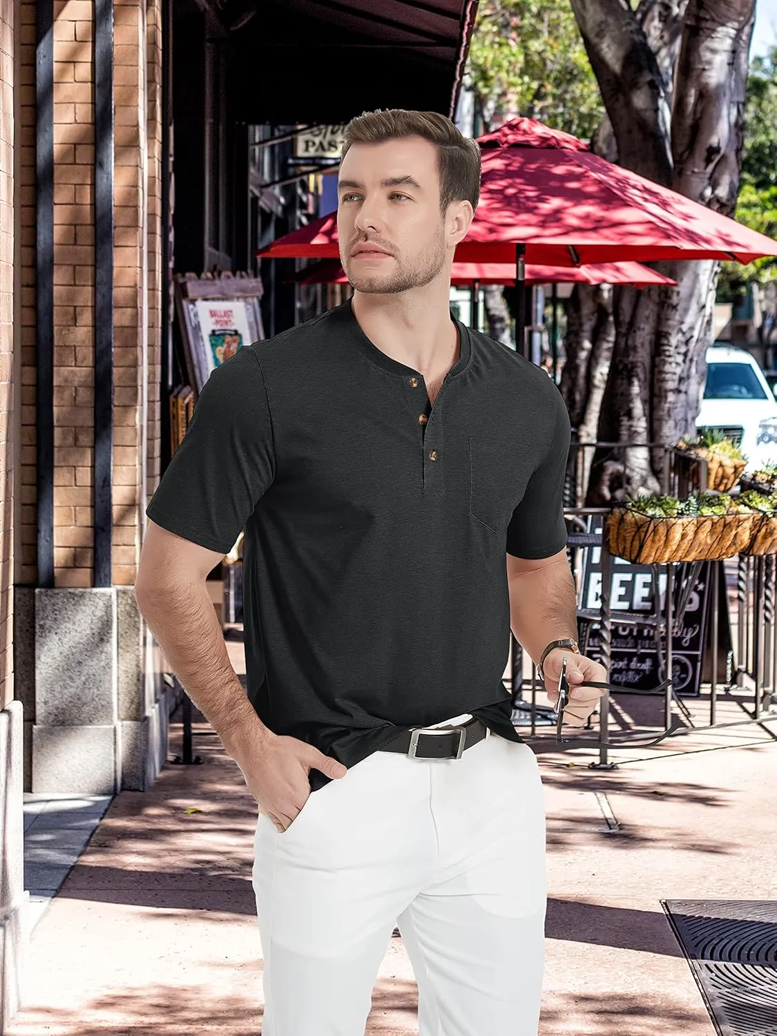 TACVASEN Men's Henley Shirt Cotton Short Sleeve 3 Buttons Chest Pocket Casual T Shirt Lightweight Shirt Solid Color