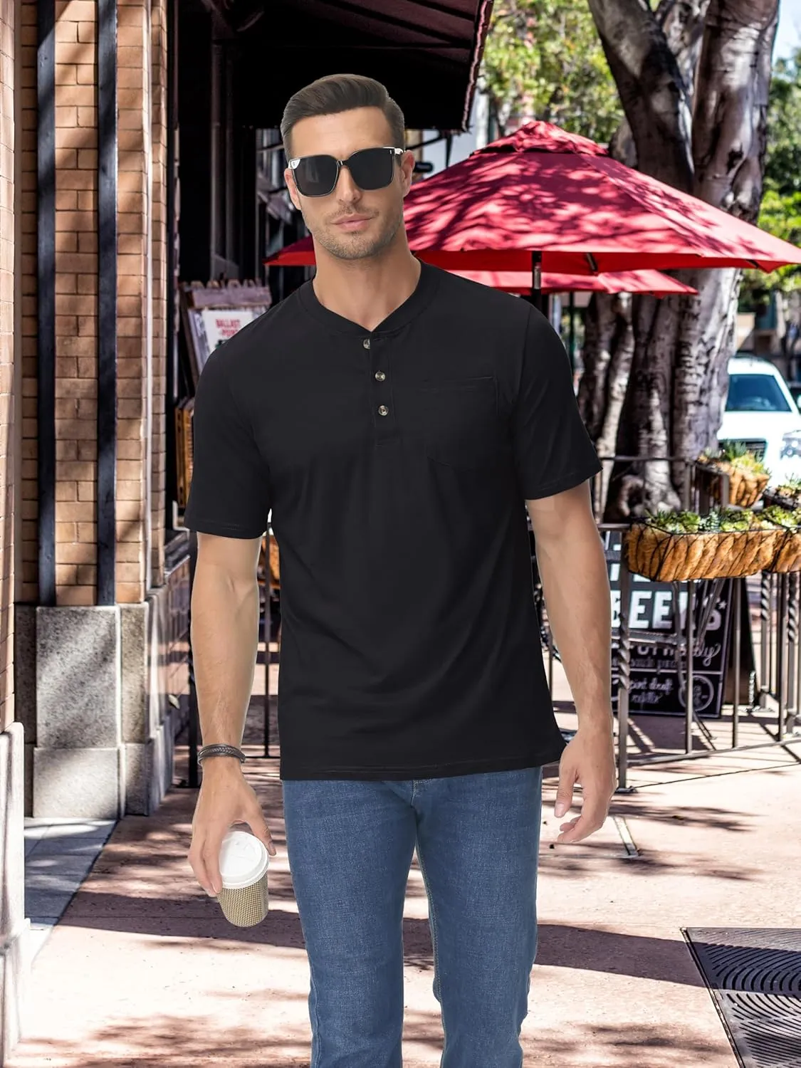 TACVASEN Men's Henley Shirt Cotton Short Sleeve 3 Buttons Chest Pocket Casual T Shirt Lightweight Shirt Solid Color