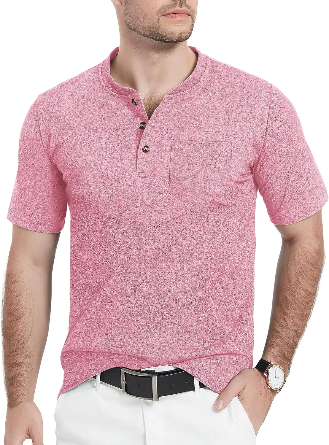 TACVASEN Men's Henley Shirt Cotton Short Sleeve 3 Buttons Chest Pocket Casual T Shirt Lightweight Shirt Solid Color