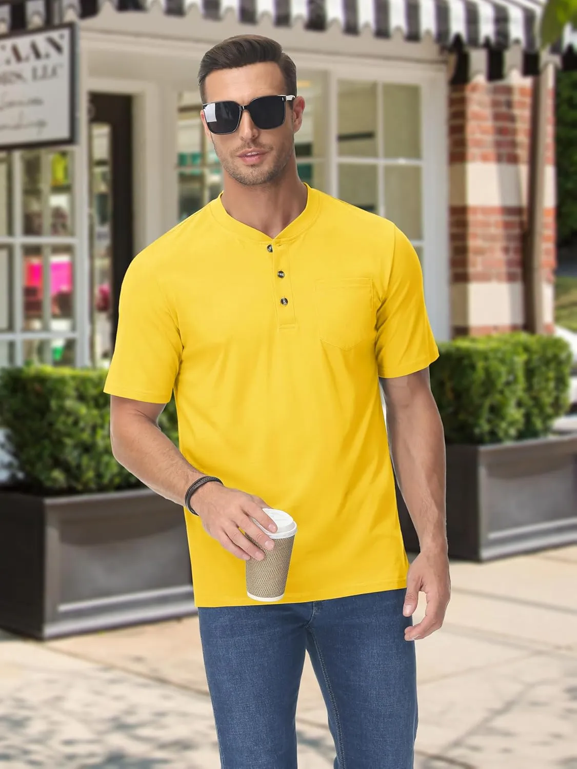 TACVASEN Men's Henley Shirt Cotton Short Sleeve 3 Buttons Chest Pocket Casual T Shirt Lightweight Shirt Solid Color