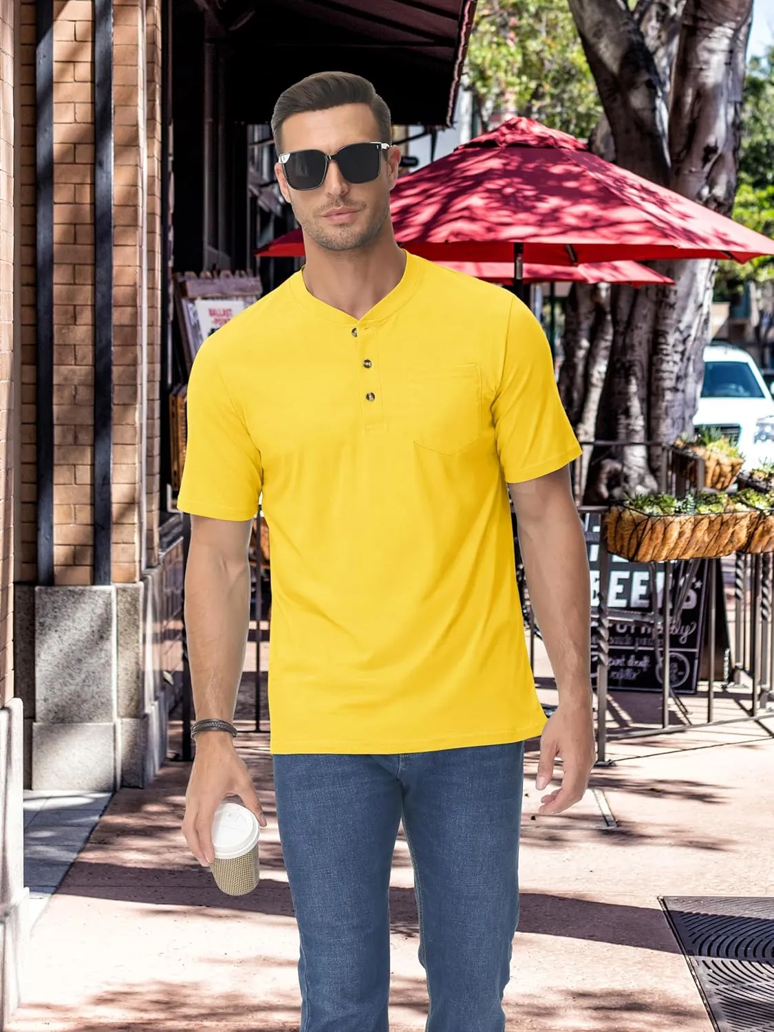 TACVASEN Men's Henley Shirt Cotton Short Sleeve 3 Buttons Chest Pocket Casual T Shirt Lightweight Shirt Solid Color