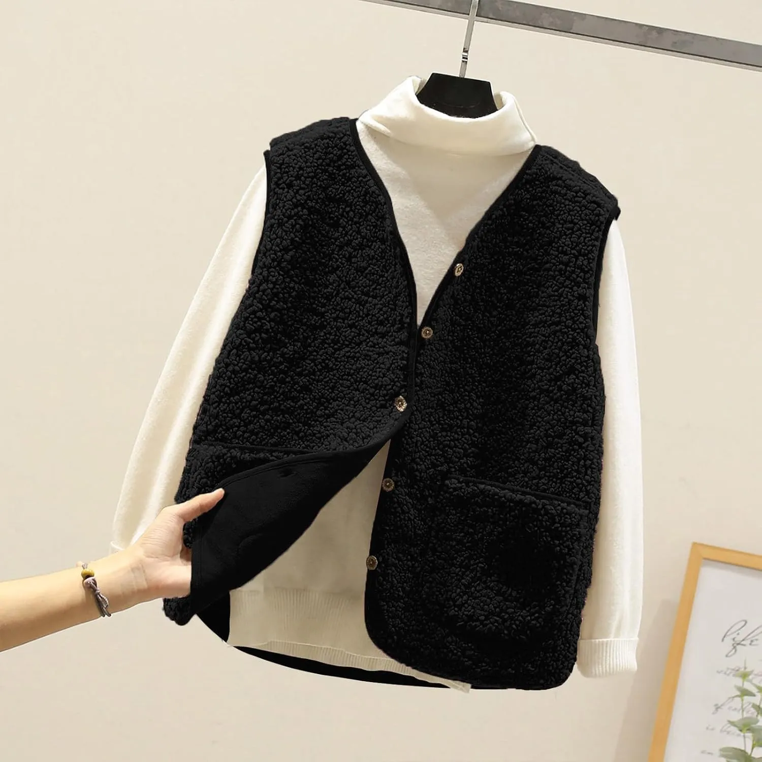 TANGNADE Oversized Vest Women Fuzzy Fleece Sleeveless Vests Button Down Casual Outwear Travel Sherpa Vest Jackets