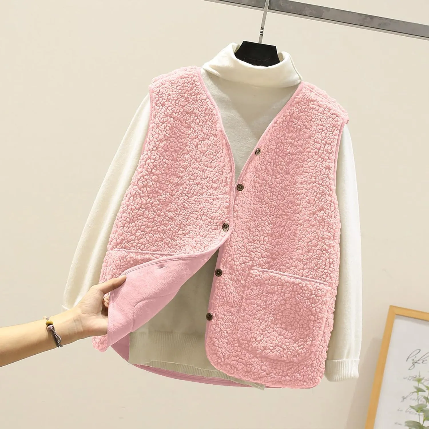 TANGNADE Oversized Vest Women Fuzzy Fleece Sleeveless Vests Button Down Casual Outwear Travel Sherpa Vest Jackets