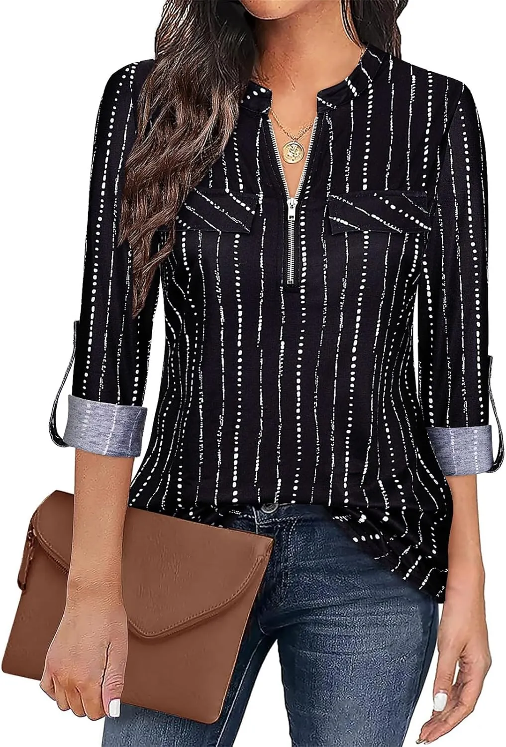 Tanst Sky Womens Casual Long Sleeve Zipped V Neck Plaid Tunic Blouses