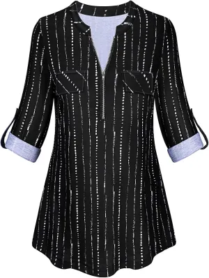 Tanst Sky Womens Casual Long Sleeve Zipped V Neck Plaid Tunic Blouses