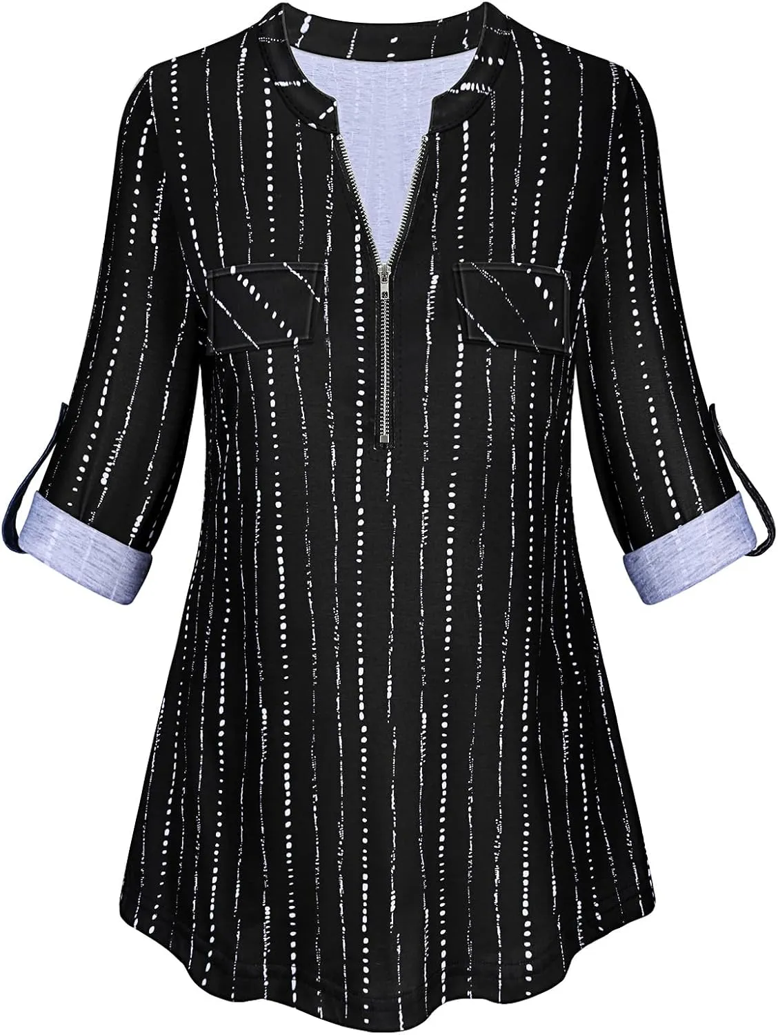 Tanst Sky Womens Casual Long Sleeve Zipped V Neck Plaid Tunic Blouses