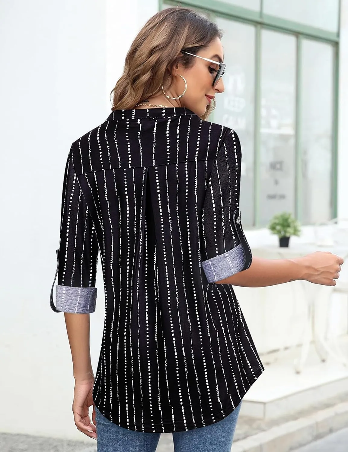Tanst Sky Womens Casual Long Sleeve Zipped V Neck Plaid Tunic Blouses