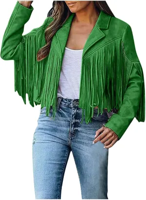 TARIENDY Fringe Outfits for Women Ladies Tassel Faux Suede Leather Cardigan Long Sleeve Outfits Cropped Fringe Outerwear