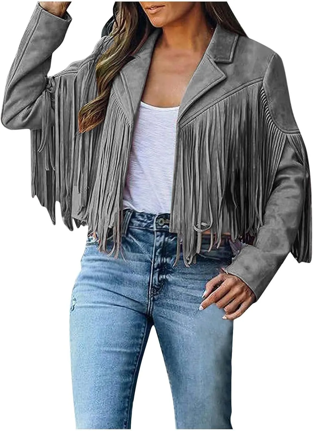 TARIENDY Fringe Outfits for Women Ladies Tassel Faux Suede Leather Cardigan Long Sleeve Outfits Cropped Fringe Outerwear