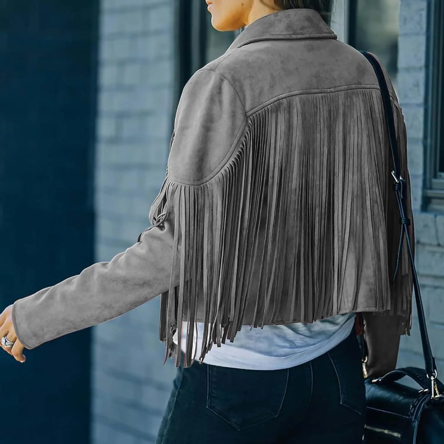 TARIENDY Fringe Outfits for Women Ladies Tassel Faux Suede Leather Cardigan Long Sleeve Outfits Cropped Fringe Outerwear