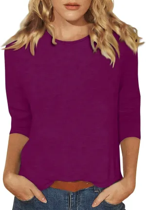 Three Quarter Sleeve Tops Woman Crewneck Cute Shirts Casual Trendy Print Blouses Length T Shirt 2024