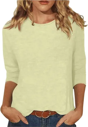 Three Quarter Sleeve Tops Woman Crewneck Cute Shirts Casual Trendy Print Blouses Length T Shirt 2024