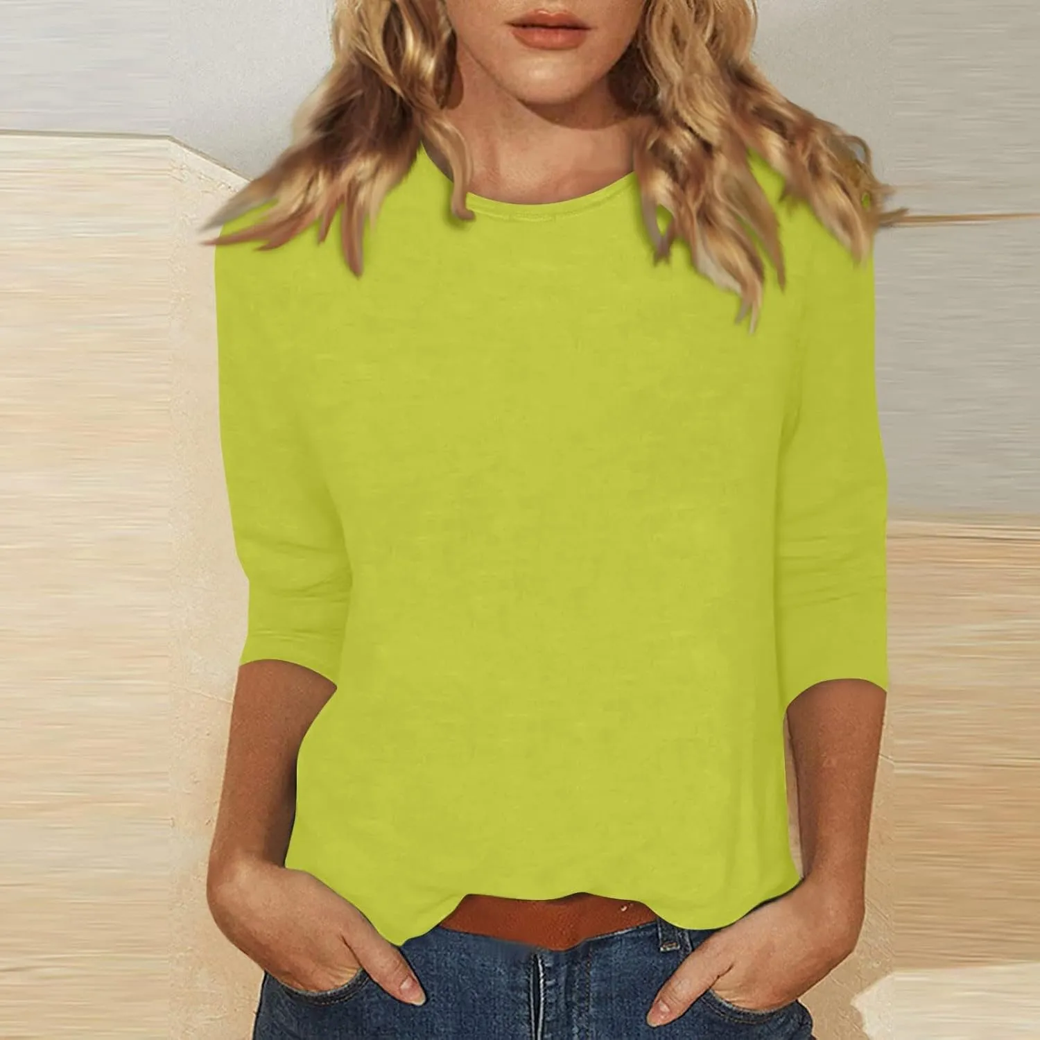 Three Quarter Sleeve Tops Woman Crewneck Cute Shirts Casual Trendy Print Blouses Length T Shirt 2024