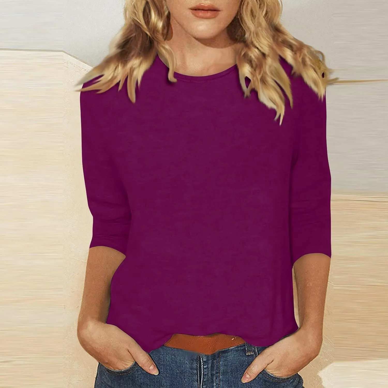 Three Quarter Sleeve Tops Woman Crewneck Cute Shirts Casual Trendy Print Blouses Length T Shirt 2024