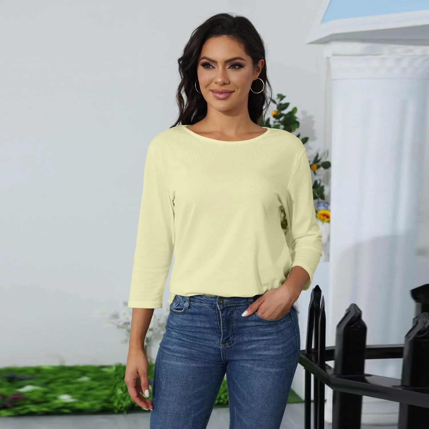 Three Quarter Sleeve Tops Woman Crewneck Cute Shirts Casual Trendy Print Blouses Length T Shirt 2024