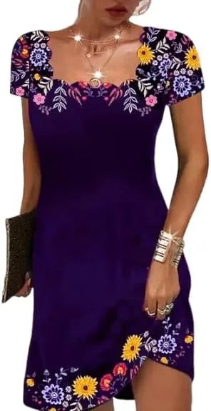 TIAFORD Womens Boho Floral Print Short Sleeve Dress Square Neck Elegant Casual Plus Size Flowy Beach Midi Dresses