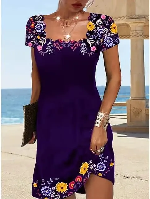 TIAFORD Womens Boho Floral Print Short Sleeve Dress Square Neck Elegant Casual Plus Size Flowy Beach Midi Dresses
