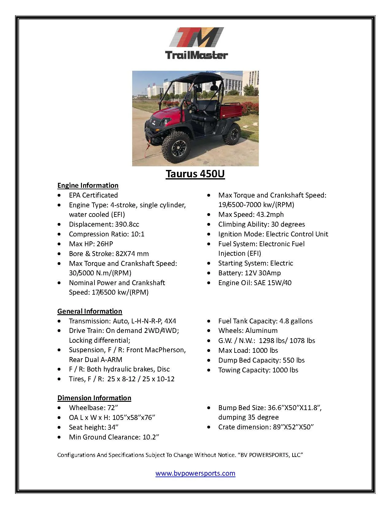 Trailmaster Taurus 450-U UTV High/Low Gear- 4 wheel Drive, Front and Rear Lock Out, Shaft Drive, 200 Lb. Dump Bed.