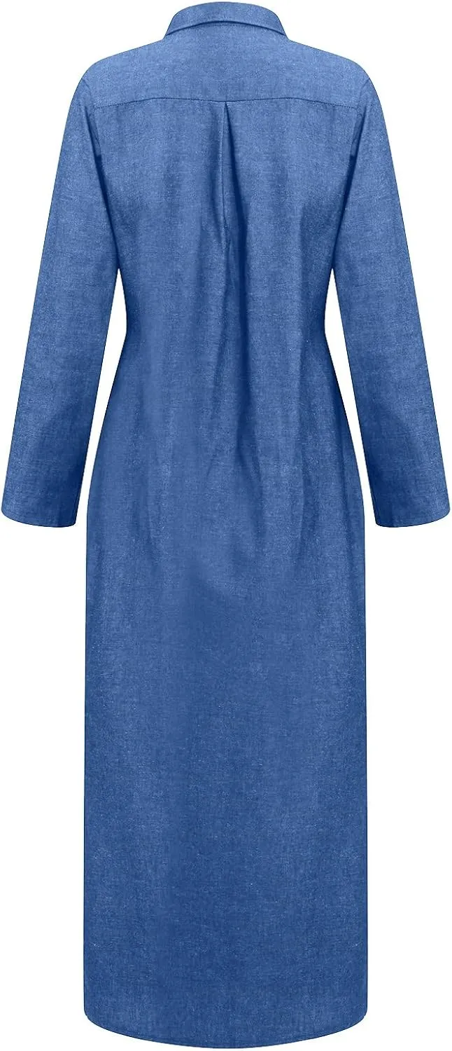 Trendy Button Down Long Sleeve Shirt Maxi Dress Summer Sexy V Neck Plus Size Fall Formal Elegant Casual Long Dress