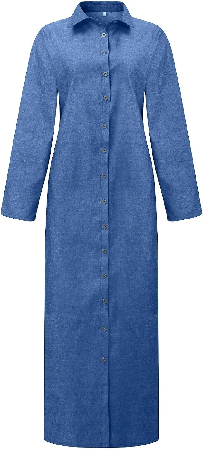 Trendy Button Down Long Sleeve Shirt Maxi Dress Summer Sexy V Neck Plus Size Fall Formal Elegant Casual Long Dress