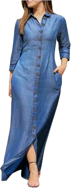Trendy Button Down Long Sleeve Shirt Maxi Dress Summer Sexy V Neck Plus Size Fall Formal Elegant Casual Long Dress