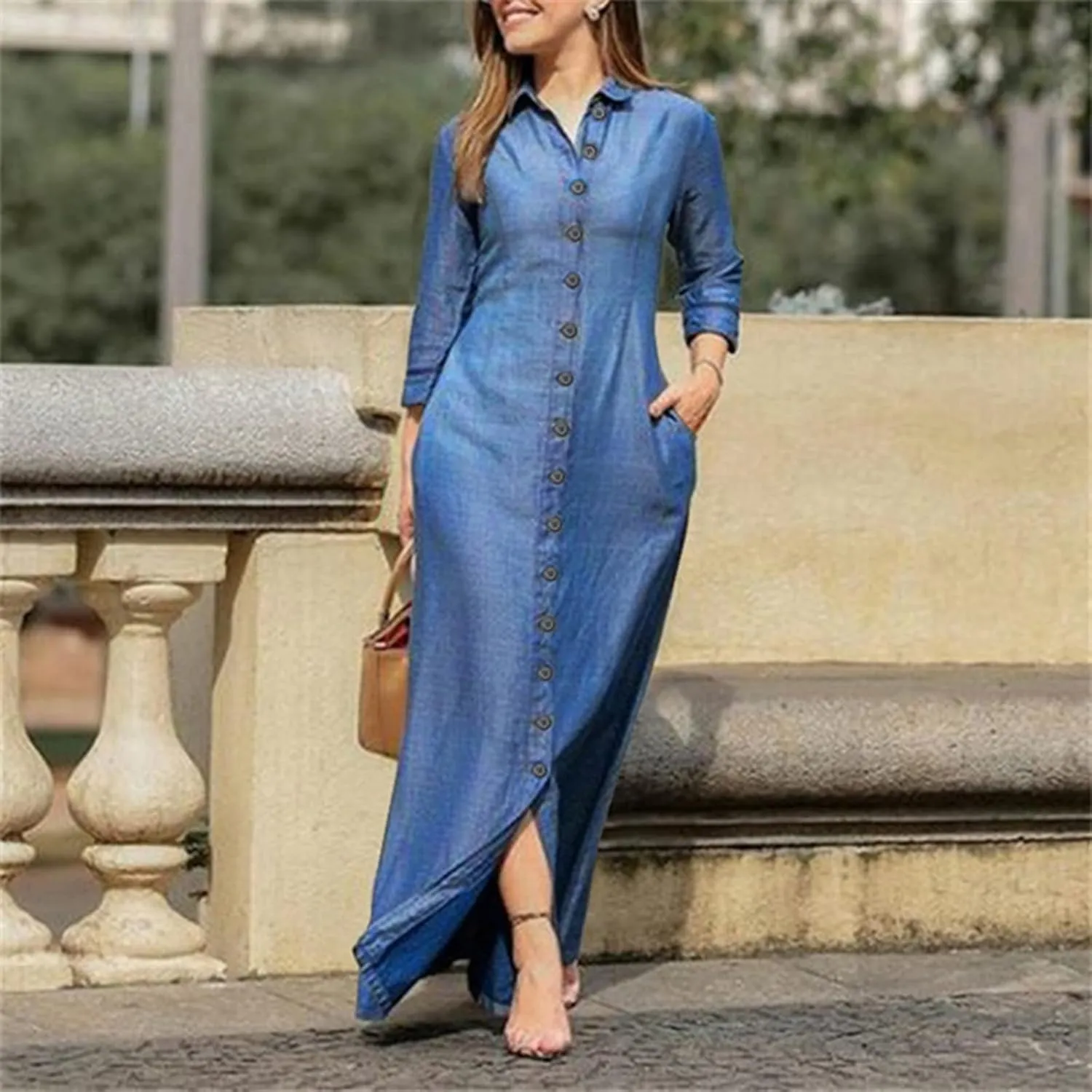 Trendy Button Down Long Sleeve Shirt Maxi Dress Summer Sexy V Neck Plus Size Fall Formal Elegant Casual Long Dress