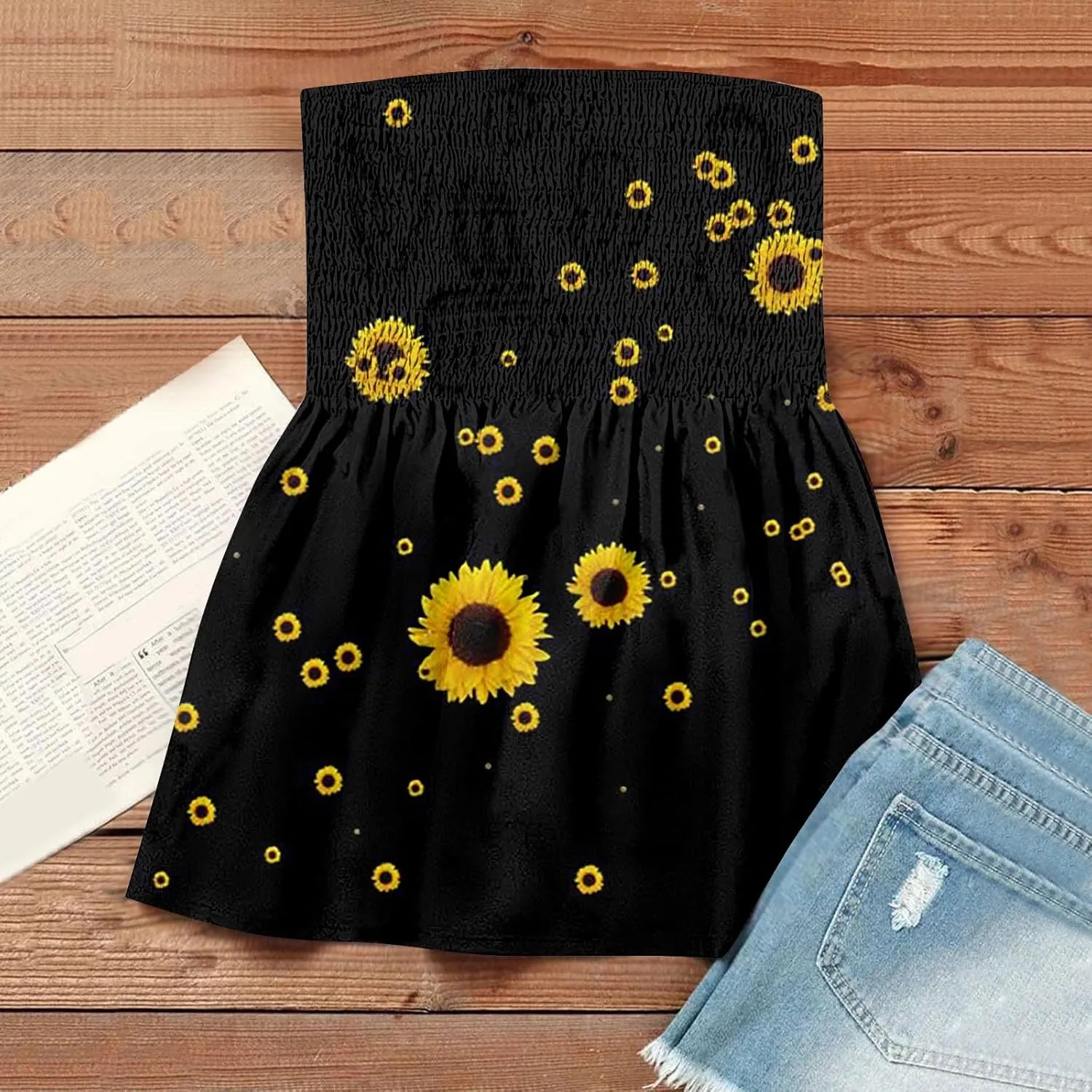 Tube Tops for Women Smocked Ruffled Floral Print Tanks Sleeveless Strapless Tube Tops Business Casual Bandeau