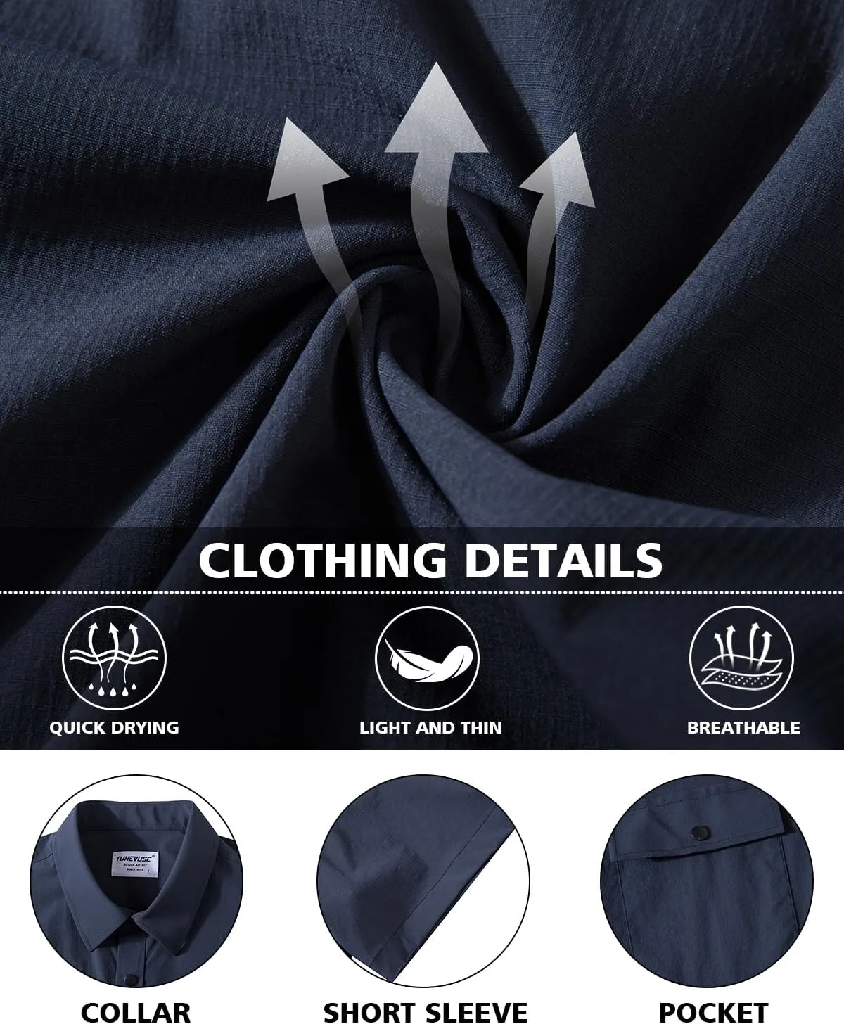 TUNEVUSE Mens Short Sleeve Button Down Shirt Casual Work Dress Shirt Lightweight Summer Shirt with 2 Pockets