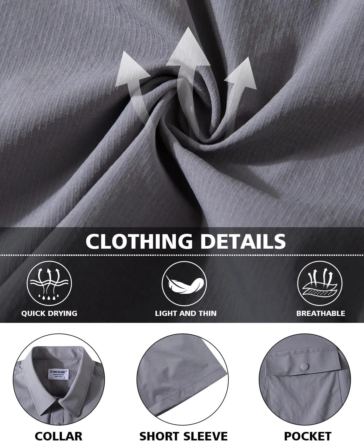 TUNEVUSE Mens Short Sleeve Button Down Shirt Casual Work Dress Shirt Lightweight Summer Shirt with 2 Pockets