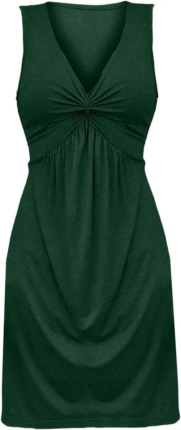 Twist Front Dresses for Women V Neck Sleeveless Tank Dress Summer Sexy Elegant Party Tunic A Line Midi Sundresses