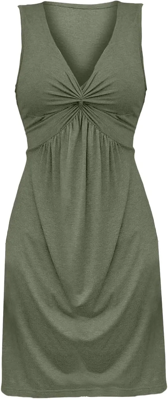 Twist Front Dresses for Women V Neck Sleeveless Tank Dress Summer Sexy Elegant Party Tunic A Line Midi Sundresses