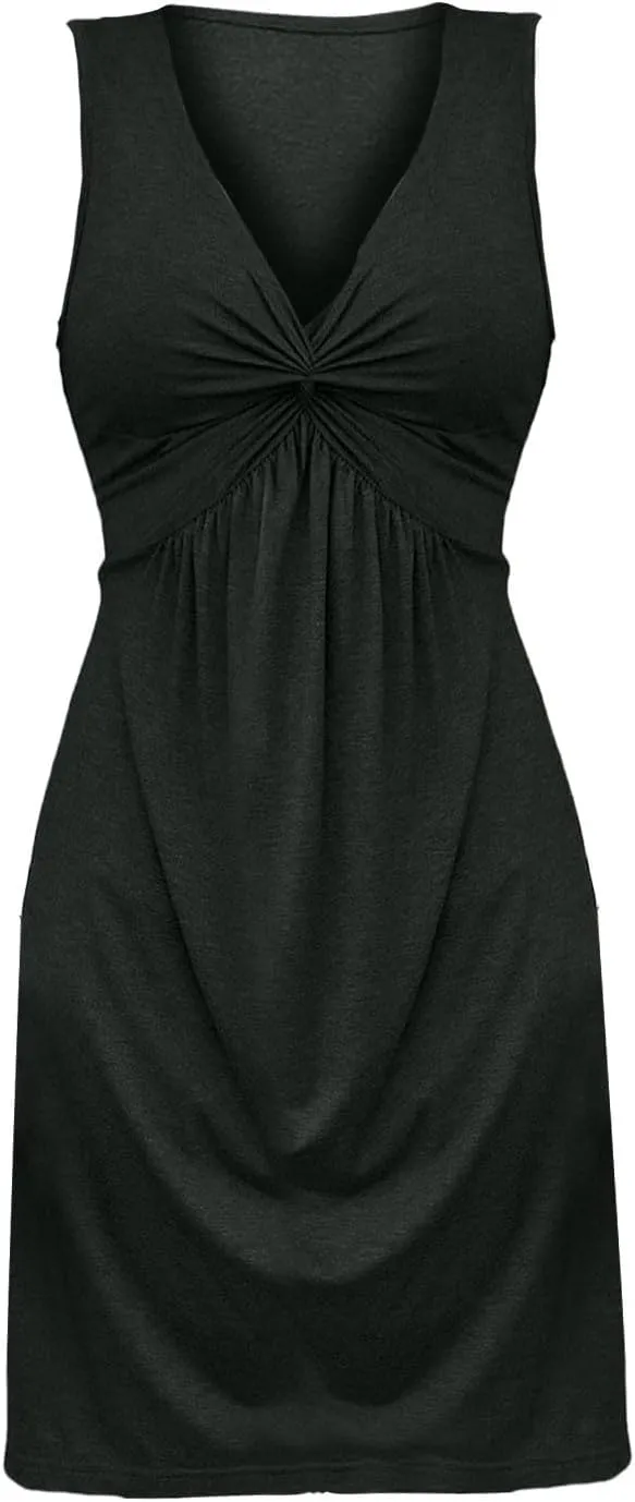 Twist Front Dresses for Women V Neck Sleeveless Tank Dress Summer Sexy Elegant Party Tunic A Line Midi Sundresses
