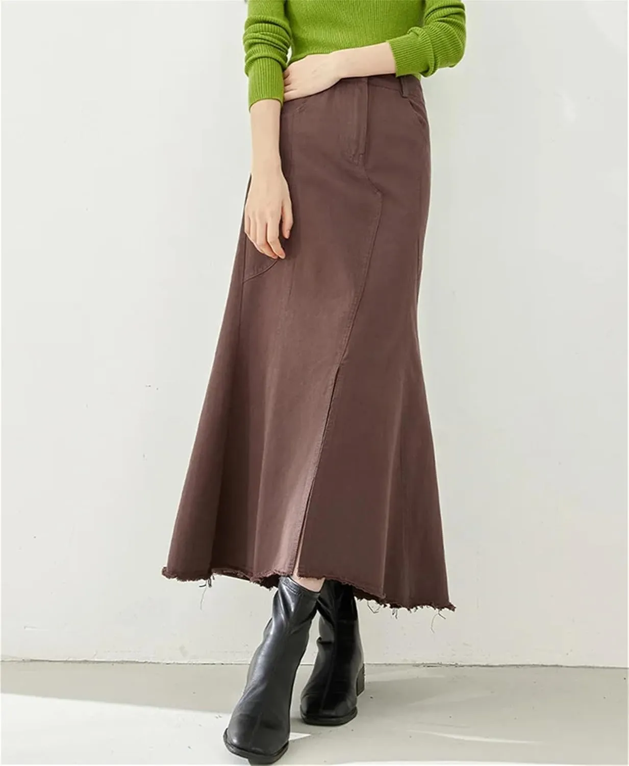 UIOKLMJH Knitted Long Skirt for Women Autumn Winter Pleated High Waist A-Line Elegant Casual Slim Midi Skirt
