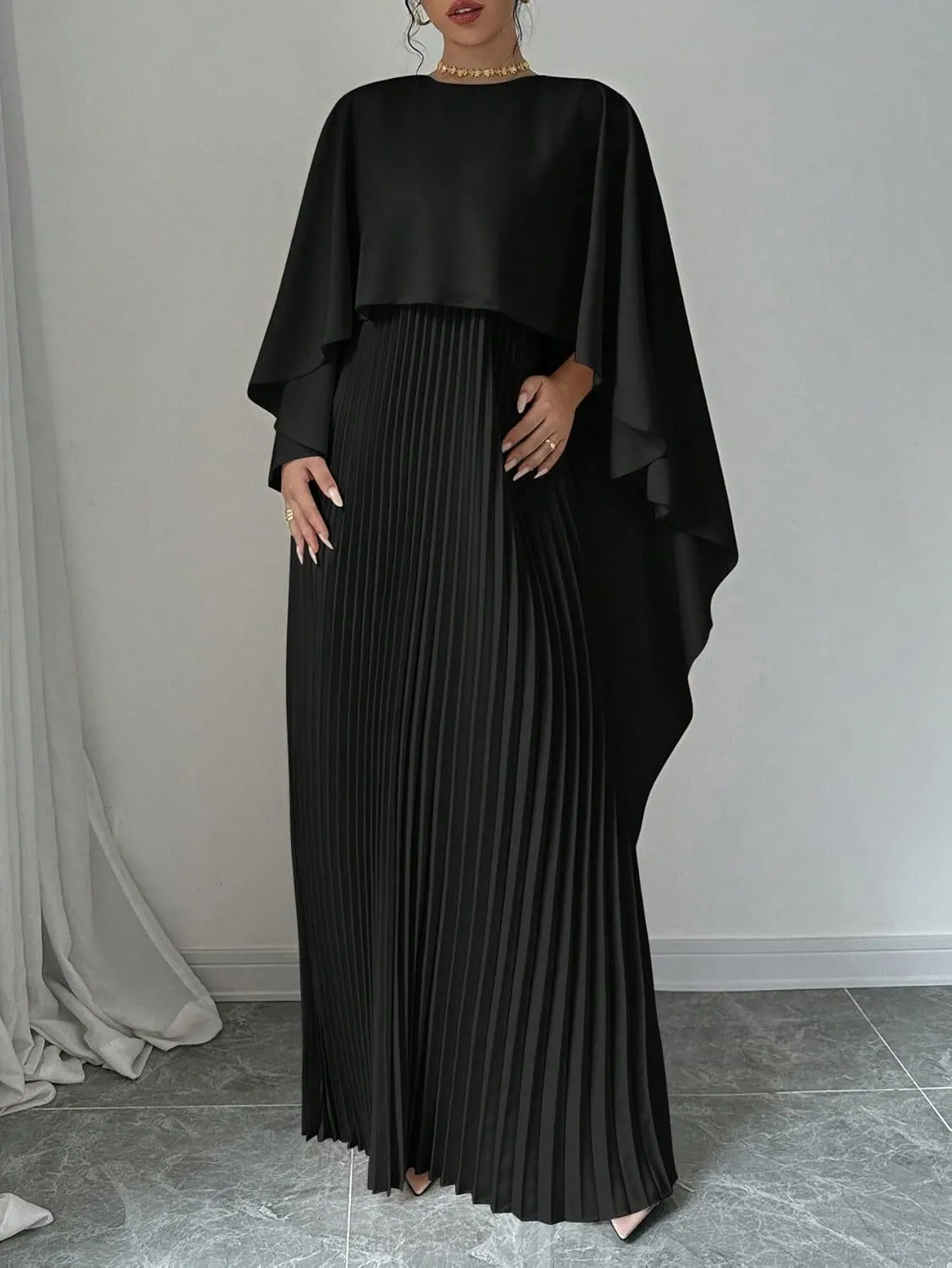 UOOZEE Women's 2025 Spring Wedding Guest Casual Dresses Pleated Crewneck A Line Maxi Party Dress