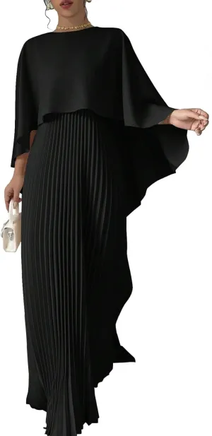 UOOZEE Women's 2025 Spring Wedding Guest Casual Dresses Pleated Crewneck A Line Maxi Party Dress