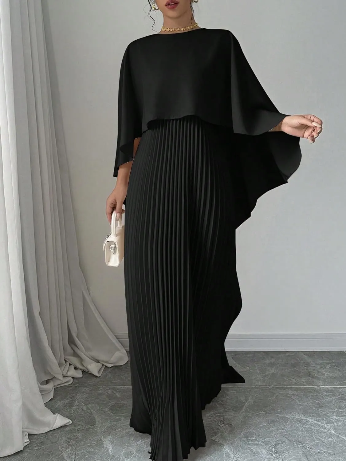UOOZEE Women's 2025 Spring Wedding Guest Casual Dresses Pleated Crewneck A Line Maxi Party Dress